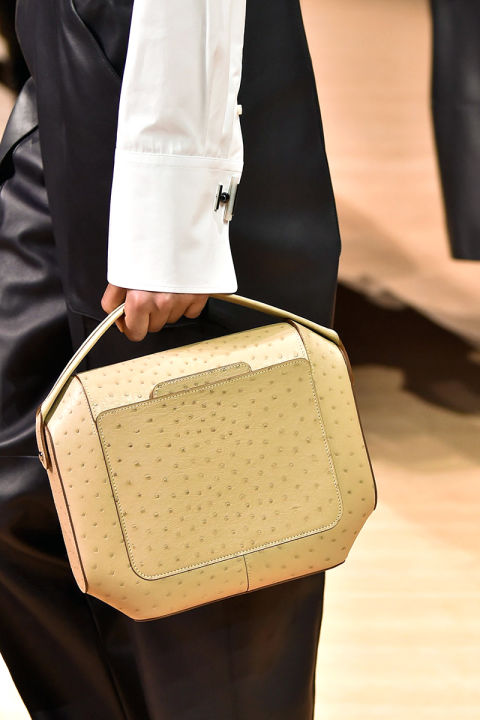 Things got geometric at Hermes for its new creative designer's first season out. The standout bag? An octagonal ostrich number in pale, pale yellow.