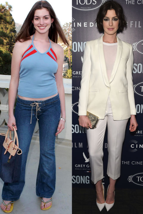 Hathaway went from her Princess Diaries early 00s style of low-rise jeans, halter tops and flip flops to now stunning in risk-taking red carpet looks. 
