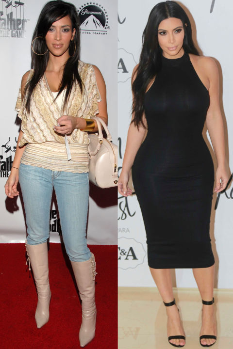 As an early reality show star and Paris Hilton's right-hand woman, Kardashian's wardrobe included oversized hoop earrings, plenty of colorful bandage dresses and pointy toed boots. Now, in a post Kanye-styled world Kardashian is at her sartorial peak, owning her signature minimalist look which typically includes an all neutral color palette, simple lines and skin-tight silhouettes. 
