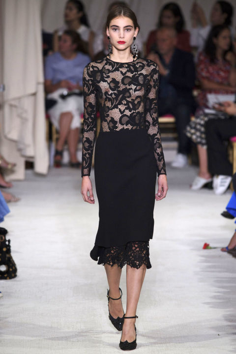 The entire collection, Copping paid dutiful homage to the label's namesake while also putting forth his own vision, showing how his sometimes sexy secretary silhouettes can fit in with de la Renta's lady-fied design legacy. Both men clearly love/loved to celebrate women. For Copping, it was seen in the way his pencil skirts and lace tops flattered and fit like gloves without looking overt.