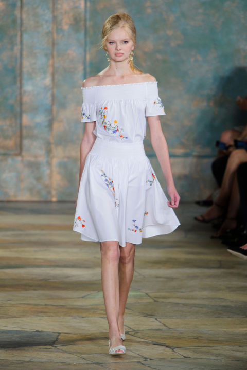 Burch was inspired by "beauty found in unexpected places." The beauty at Lincoln Center, enhanced by the placement of giant Moroccan Doors, may not be unexpected but there it was. A smocked floral skirt and top are also doubtlessly pretty.