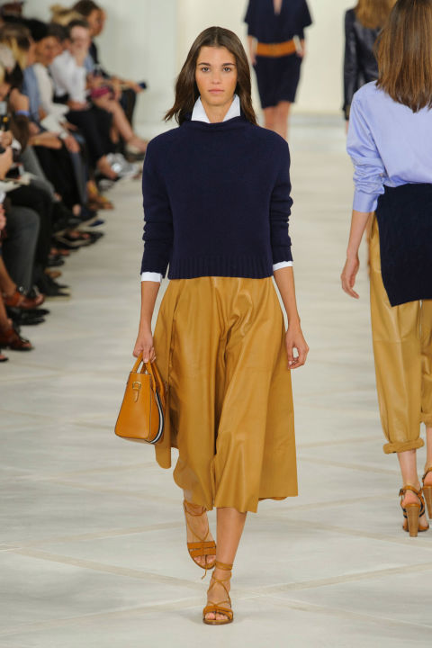Lauren showed his sports authority in the lace-up high tops, gym bags and pullovers—all rendered in caramel leather. This fit in with his notion of preppy luxe, especially when paired with white or navy and other vaguely '70s sportswear silhouettes, like culottes or easy tunic dresses.