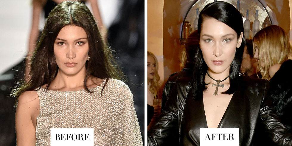 When: February 20, 2017 What: Sleek Raven Locks&nbsp; Why we love it:&nbsp;While we fell in love with Bella's her natural brunette tresses, this slick, black lob is a dark change fit for the sultry model. She debuted the new shade in the best way: with a leathered-up ensemble and cross choker to complete the gothic look. 