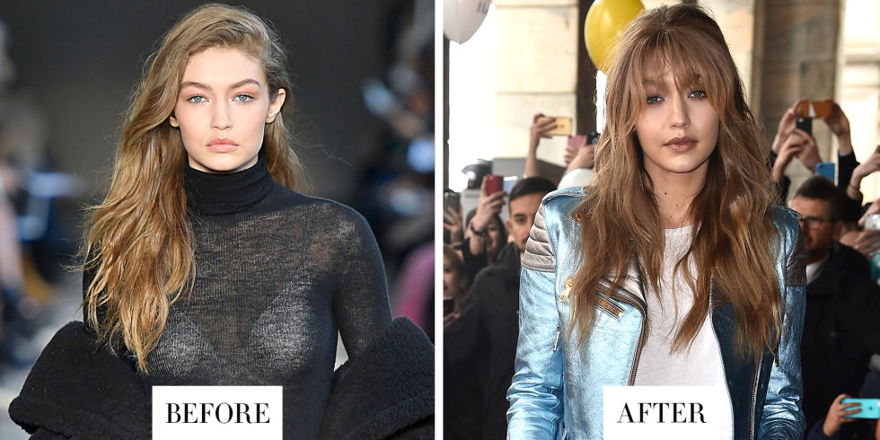 When:&nbsp;February 24, 2017 What:&nbsp;Thick Bangs Why we love it:&nbsp;We know better than to think Gigi Hadid actually cut bangs (remember that time we all thought she got a bob, but it was a sneaky wig?). But the new layered fringe she just debuted in Milan looks so good it might just be the real thing. The bangs instantly freshen up her signature waves. Here's hoping they stick around for more than one day. 