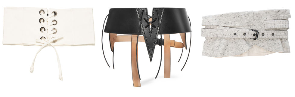 Zara corset, $23, zara.com; Tom Ford belt, $1,290, net-a-porter.com; Isabel Marant belt, $305, fwrd.com. 